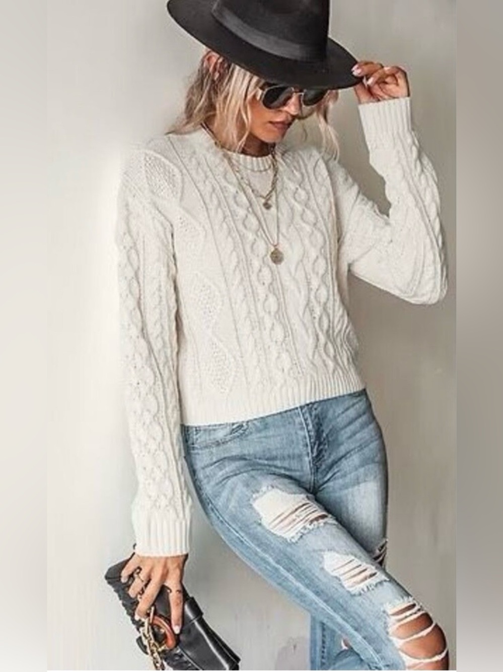 Cupshe Classic Cable Knit Crewneck Sweater - Light Ivory / Cream